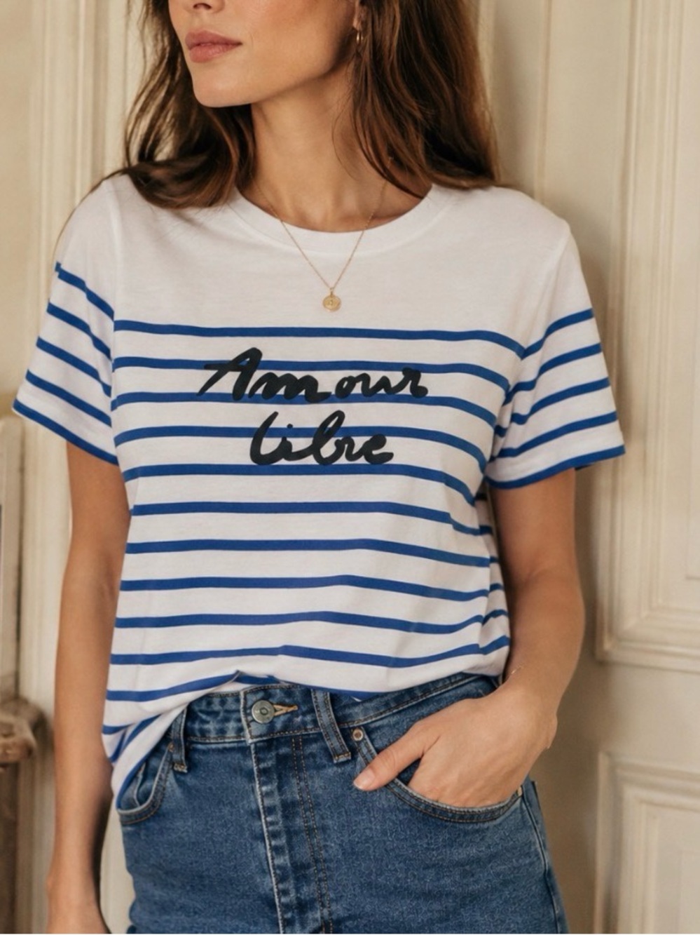 Sézane Amour libre (love unbound) t-shirt, white and electric blue stripes, S